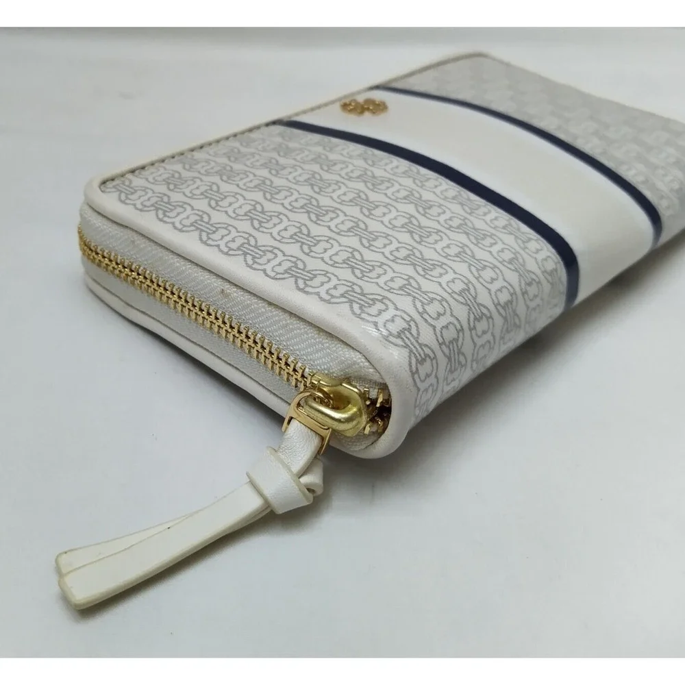Tory Burch Gemini Ivory Gray Coated Canvas Link Stripe Zip Around Wallet